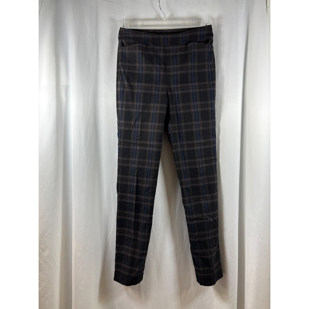 Up! Pants Montreal Women 4 Plaid Slim Leg Pull On Trousers Brown Navy 67570UP
